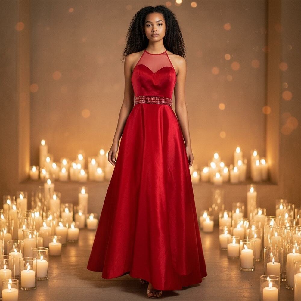 Sherri Hill Formal Gown Ball Gown Red with beaded waistband Size 4